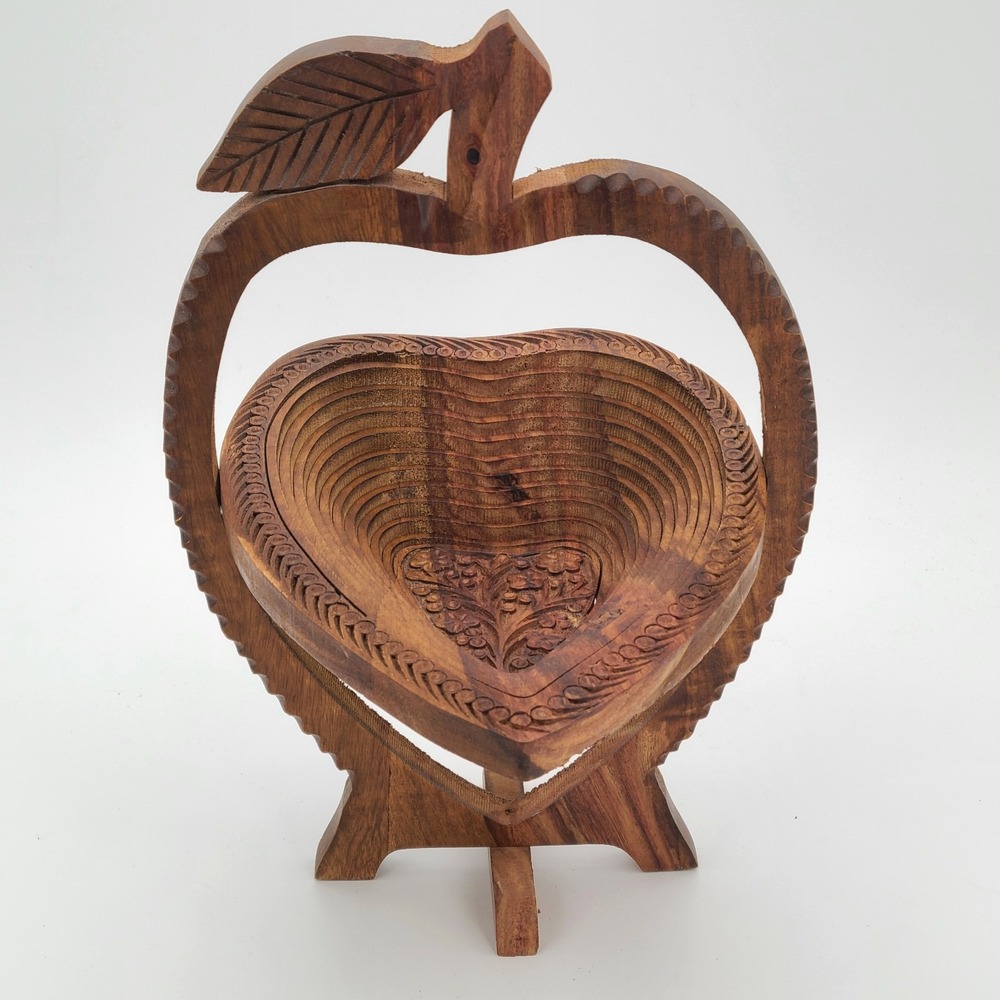 Vintage Hand Carved Wood HEART APPLE Collapsible Folding Basket Bowl Trivet